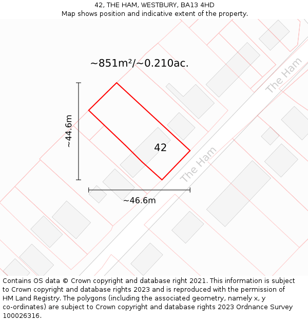 42, THE HAM, WESTBURY, BA13 4HD: Plot and title map