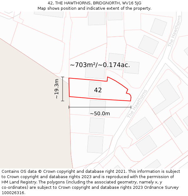 42, THE HAWTHORNS, BRIDGNORTH, WV16 5JG: Plot and title map