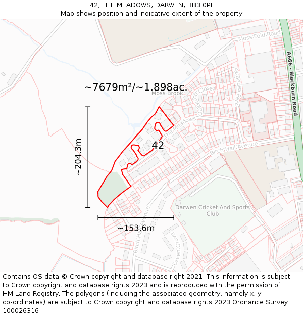 42, THE MEADOWS, DARWEN, BB3 0PF: Plot and title map