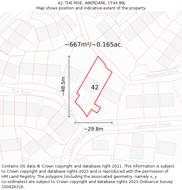 42, THE RISE, ABERDARE, CF44 8BJ: Plot and title map