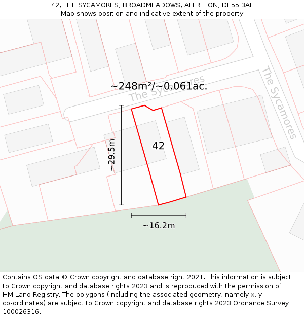 42, THE SYCAMORES, BROADMEADOWS, ALFRETON, DE55 3AE: Plot and title map