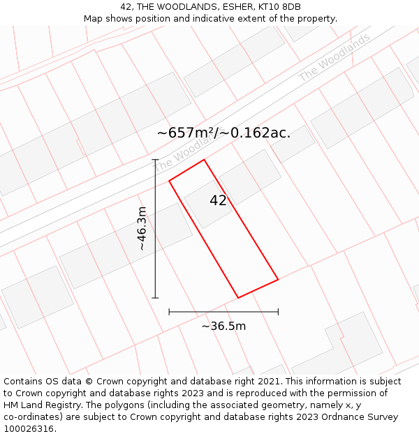 42, THE WOODLANDS, ESHER, KT10 8DB: Plot and title map