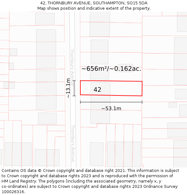 42, THORNBURY AVENUE, SOUTHAMPTON, SO15 5DA: Plot and title map