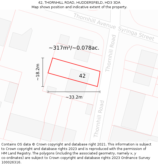 42, THORNHILL ROAD, HUDDERSFIELD, HD3 3DA: Plot and title map