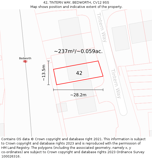 42, TINTERN WAY, BEDWORTH, CV12 9SS: Plot and title map