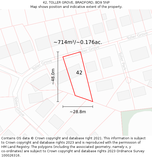 42, TOLLER GROVE, BRADFORD, BD9 5NP: Plot and title map