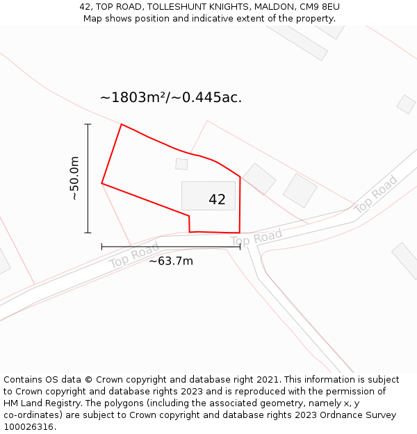 42, TOP ROAD, TOLLESHUNT KNIGHTS, MALDON, CM9 8EU: Plot and title map