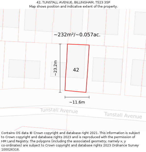 42, TUNSTALL AVENUE, BILLINGHAM, TS23 3SP: Plot and title map