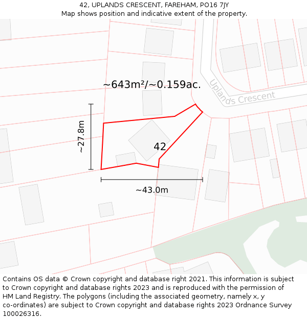 42, UPLANDS CRESCENT, FAREHAM, PO16 7JY: Plot and title map