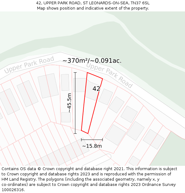 42, UPPER PARK ROAD, ST LEONARDS-ON-SEA, TN37 6SL: Plot and title map