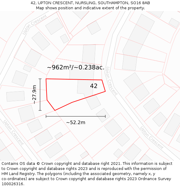 42, UPTON CRESCENT, NURSLING, SOUTHAMPTON, SO16 8AB: Plot and title map