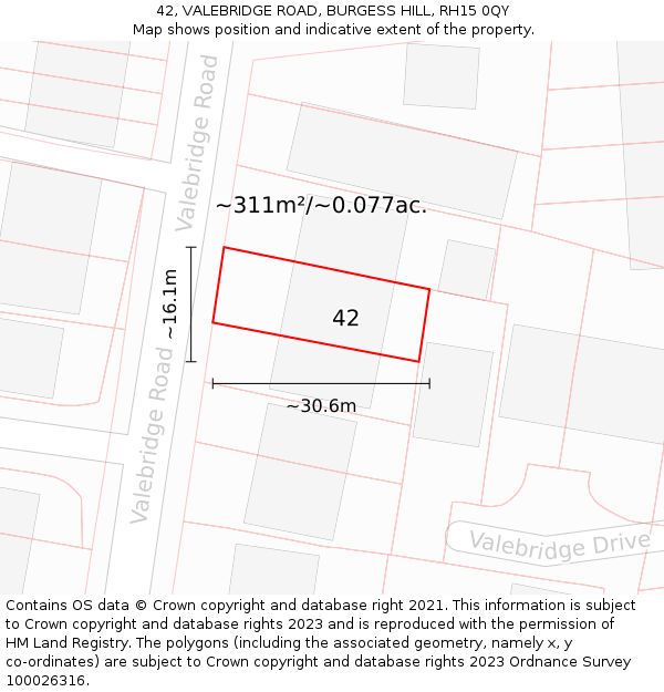 42, VALEBRIDGE ROAD, BURGESS HILL, RH15 0QY: Plot and title map