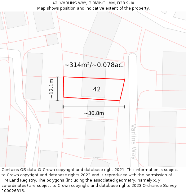 42, VARLINS WAY, BIRMINGHAM, B38 9UX: Plot and title map