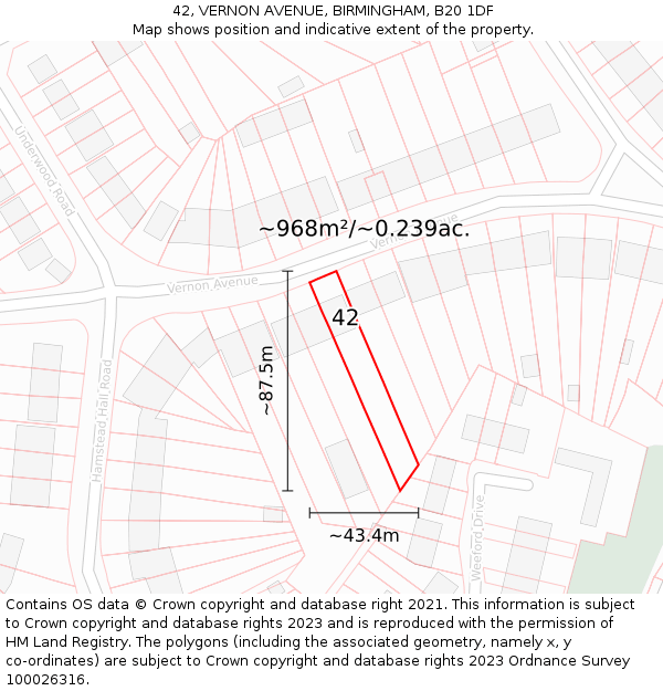 42, VERNON AVENUE, BIRMINGHAM, B20 1DF: Plot and title map