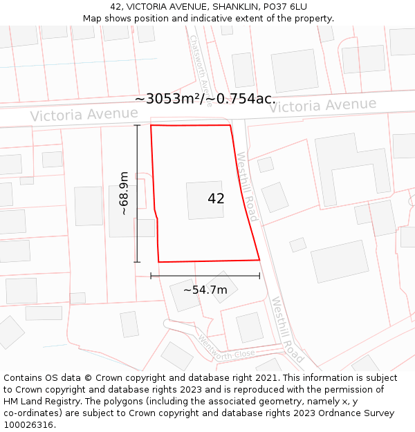 42, VICTORIA AVENUE, SHANKLIN, PO37 6LU: Plot and title map