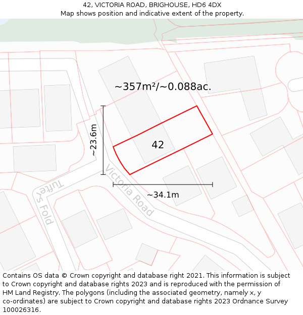 42, VICTORIA ROAD, BRIGHOUSE, HD6 4DX: Plot and title map