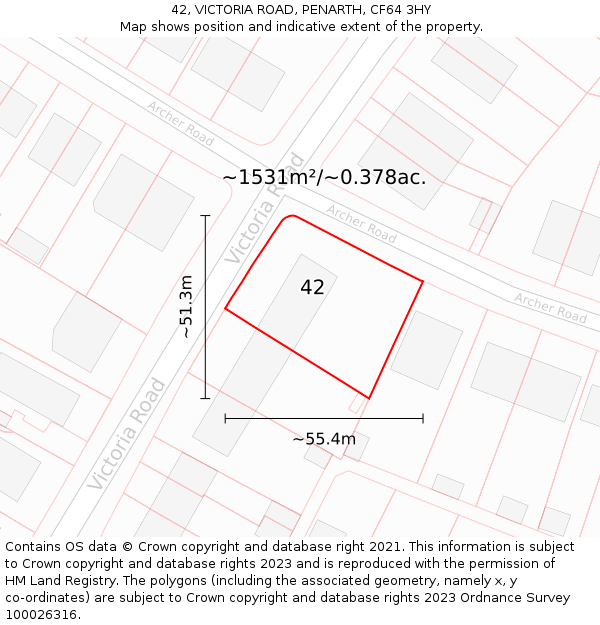 42, VICTORIA ROAD, PENARTH, CF64 3HY: Plot and title map