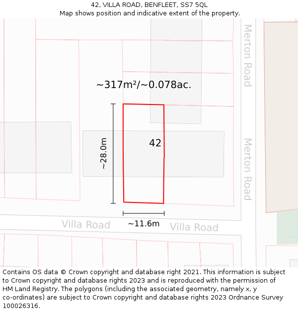 42, VILLA ROAD, BENFLEET, SS7 5QL: Plot and title map