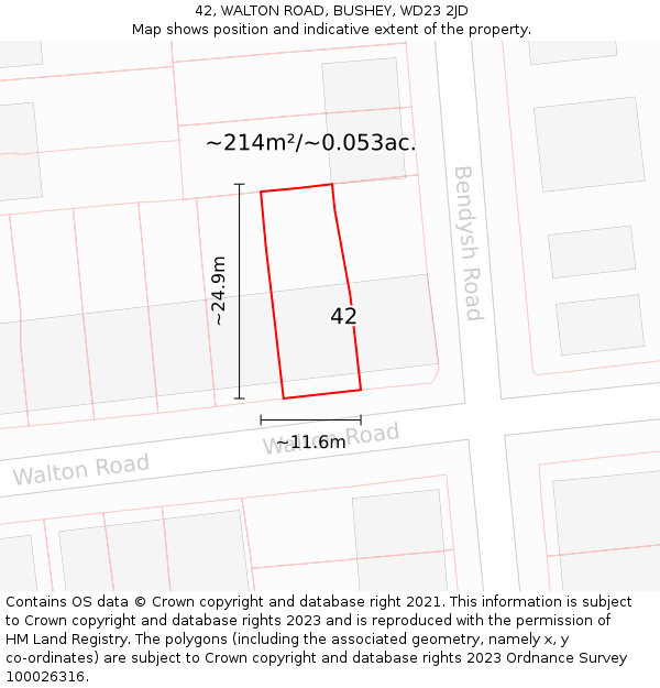 42, WALTON ROAD, BUSHEY, WD23 2JD: Plot and title map