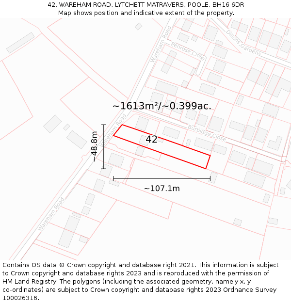 42, WAREHAM ROAD, LYTCHETT MATRAVERS, POOLE, BH16 6DR: Plot and title map