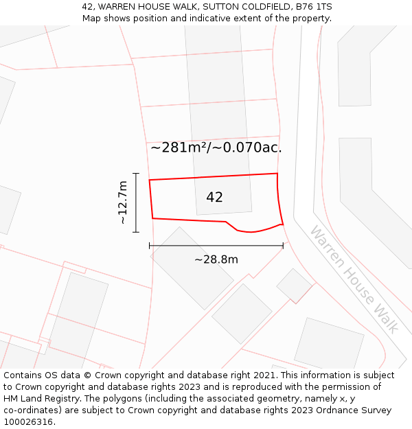 42, WARREN HOUSE WALK, SUTTON COLDFIELD, B76 1TS: Plot and title map