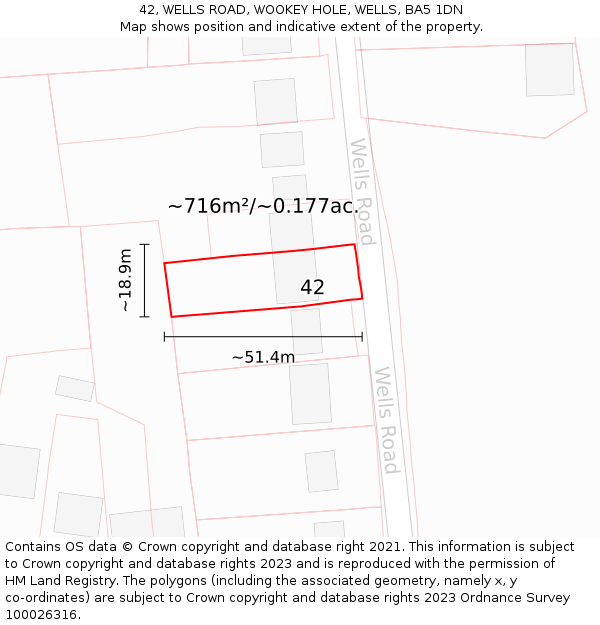 42, WELLS ROAD, WOOKEY HOLE, WELLS, BA5 1DN: Plot and title map