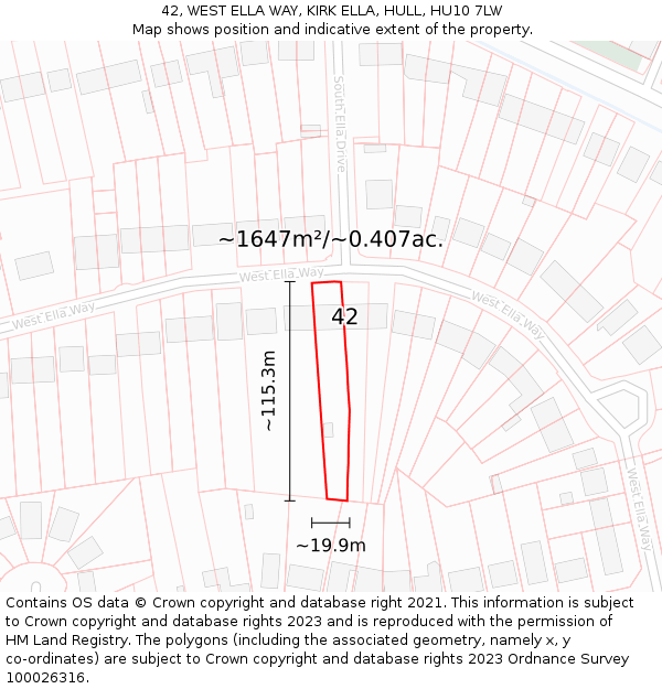 42, WEST ELLA WAY, KIRK ELLA, HULL, HU10 7LW: Plot and title map