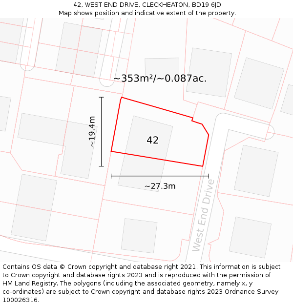 42, WEST END DRIVE, CLECKHEATON, BD19 6JD: Plot and title map