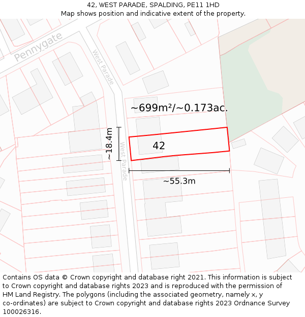 42, WEST PARADE, SPALDING, PE11 1HD: Plot and title map