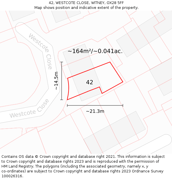 42, WESTCOTE CLOSE, WITNEY, OX28 5FF: Plot and title map