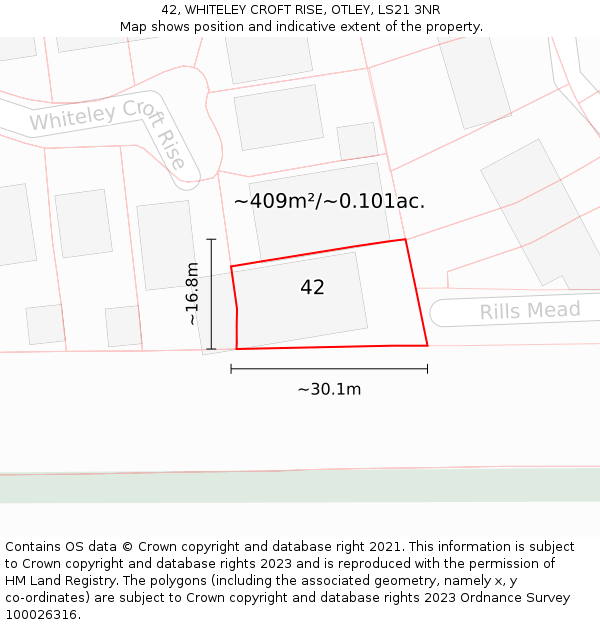 42, WHITELEY CROFT RISE, OTLEY, LS21 3NR: Plot and title map