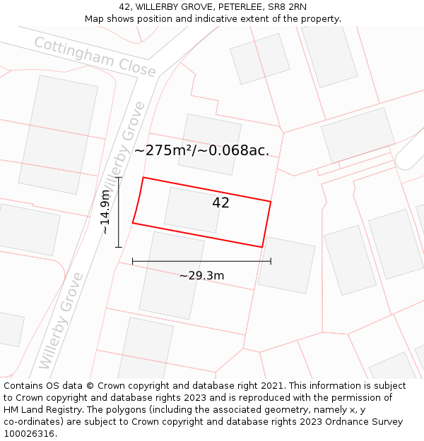 42, WILLERBY GROVE, PETERLEE, SR8 2RN: Plot and title map