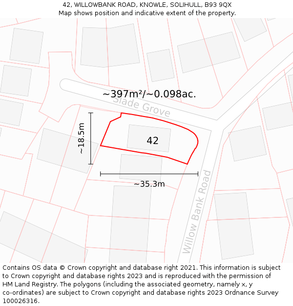 42, WILLOWBANK ROAD, KNOWLE, SOLIHULL, B93 9QX: Plot and title map