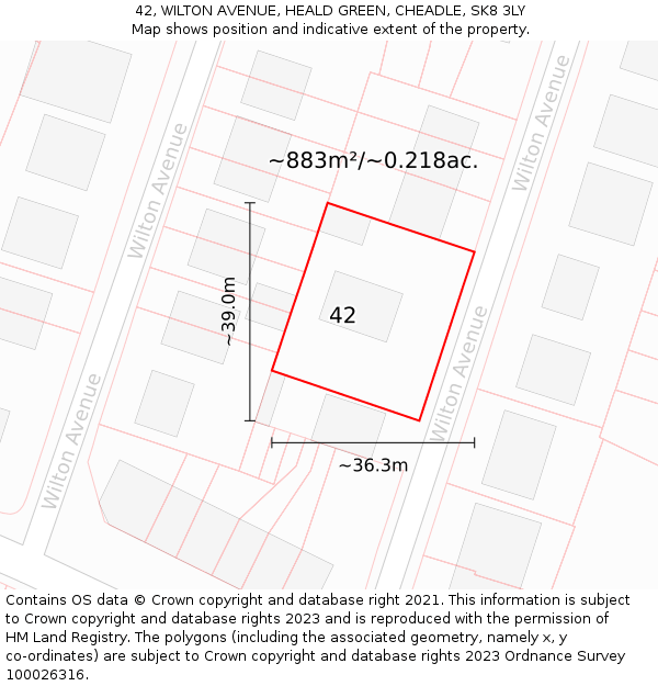 42, WILTON AVENUE, HEALD GREEN, CHEADLE, SK8 3LY: Plot and title map