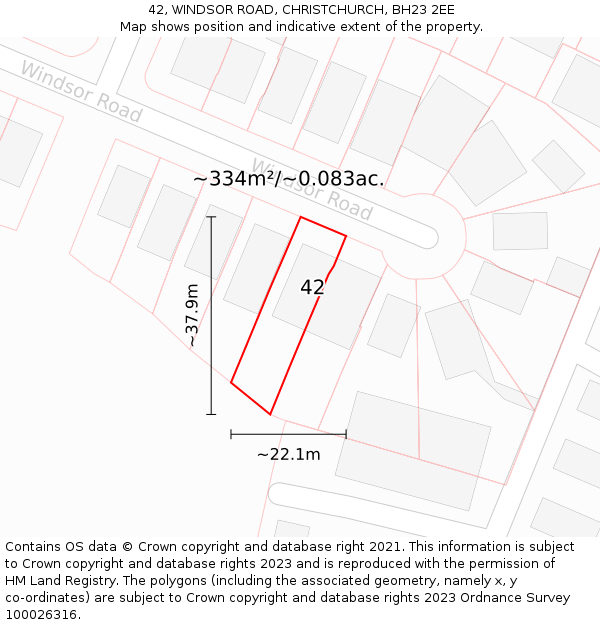 42, WINDSOR ROAD, CHRISTCHURCH, BH23 2EE: Plot and title map