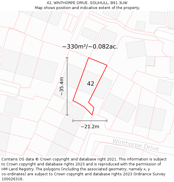 42, WINTHORPE DRIVE, SOLIHULL, B91 3UW: Plot and title map