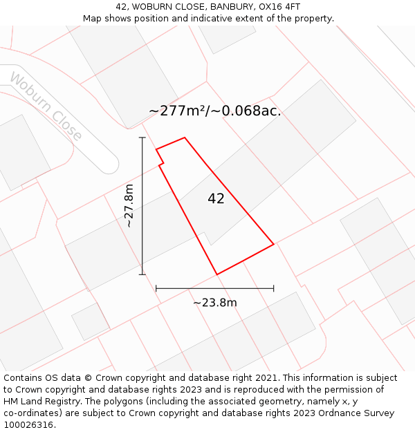 42, WOBURN CLOSE, BANBURY, OX16 4FT: Plot and title map