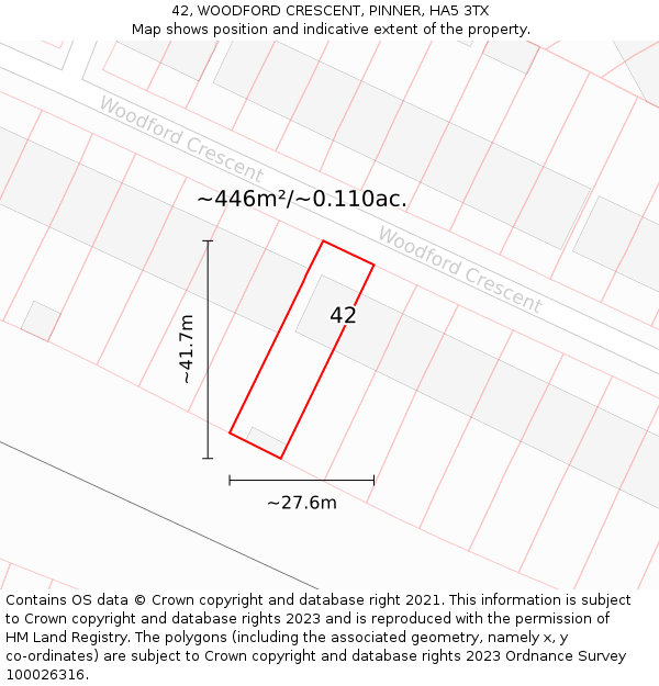 42, WOODFORD CRESCENT, PINNER, HA5 3TX: Plot and title map
