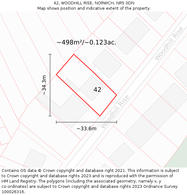 42, WOODHILL RISE, NORWICH, NR5 0DN: Plot and title map