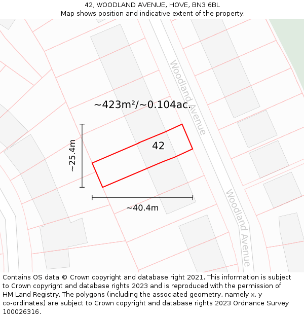 42, WOODLAND AVENUE, HOVE, BN3 6BL: Plot and title map