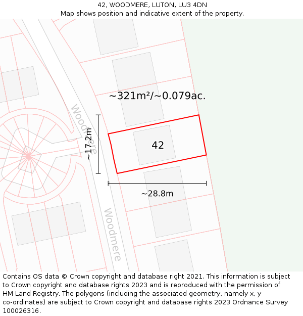 42, WOODMERE, LUTON, LU3 4DN: Plot and title map