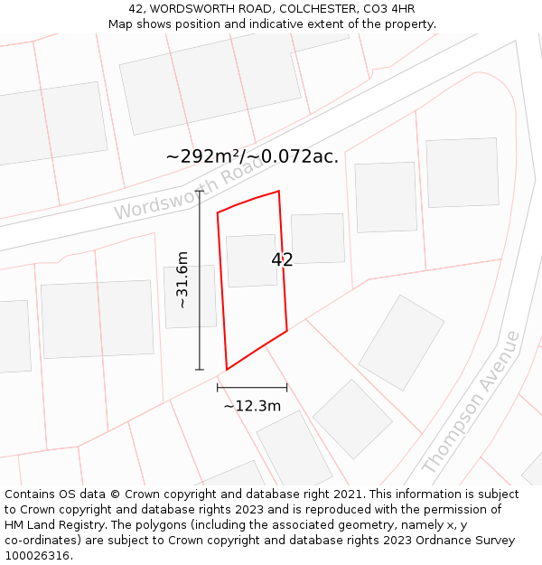 42, WORDSWORTH ROAD, COLCHESTER, CO3 4HR: Plot and title map