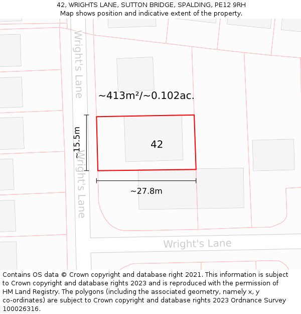 42, WRIGHTS LANE, SUTTON BRIDGE, SPALDING, PE12 9RH: Plot and title map