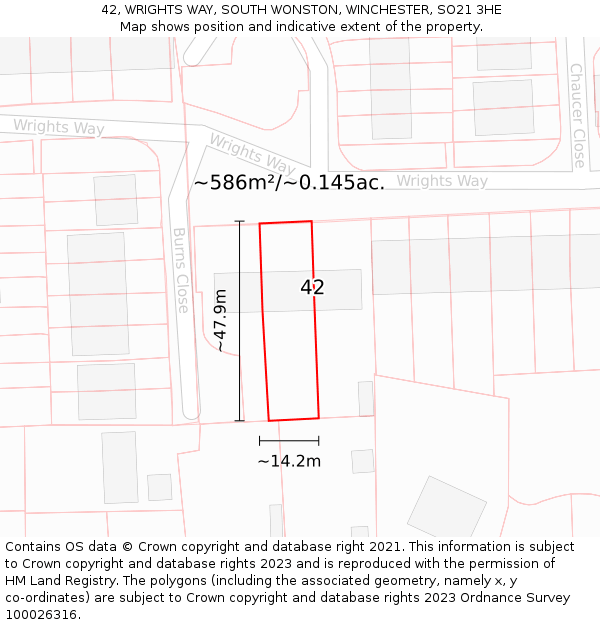 42, WRIGHTS WAY, SOUTH WONSTON, WINCHESTER, SO21 3HE: Plot and title map