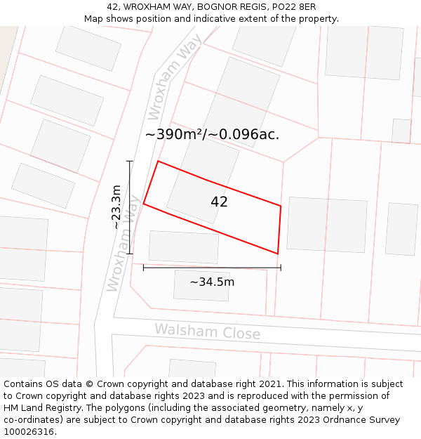 42, WROXHAM WAY, BOGNOR REGIS, PO22 8ER: Plot and title map