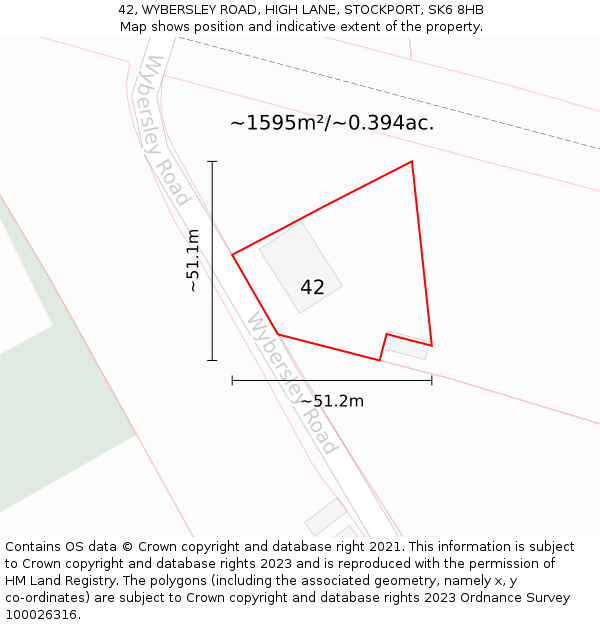 42, WYBERSLEY ROAD, HIGH LANE, STOCKPORT, SK6 8HB: Plot and title map