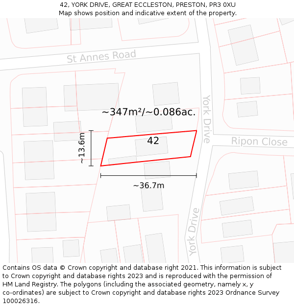 42, YORK DRIVE, GREAT ECCLESTON, PRESTON, PR3 0XU: Plot and title map