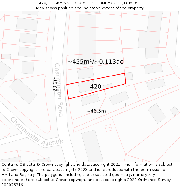 420, CHARMINSTER ROAD, BOURNEMOUTH, BH8 9SG: Plot and title map