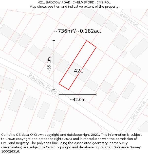 421, BADDOW ROAD, CHELMSFORD, CM2 7QL: Plot and title map