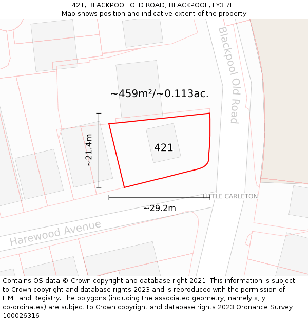 421, BLACKPOOL OLD ROAD, BLACKPOOL, FY3 7LT: Plot and title map